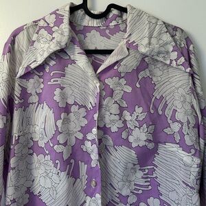 Vintage Wide Lapel 70s Style Floral Purple and White Button Down Dress
